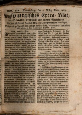 Augsburgische Ordinari Postzeitung von Staats-, gelehrten, historisch- u. ökonomischen Neuigkeiten (Augsburger Postzeitung) Donnerstag 2. März 1769