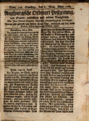 Augsburgische Ordinari Postzeitung von Staats-, gelehrten, historisch- u. ökonomischen Neuigkeiten (Augsburger Postzeitung) Samstag 6. Mai 1769