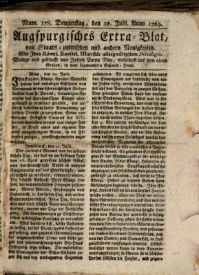 Augsburgische Ordinari Postzeitung von Staats-, gelehrten, historisch- u. ökonomischen Neuigkeiten (Augsburger Postzeitung) Donnerstag 27. Juli 1769