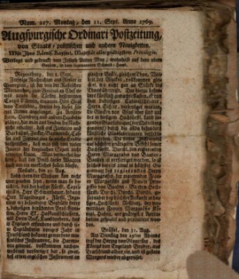 Augsburgische Ordinari Postzeitung von Staats-, gelehrten, historisch- u. ökonomischen Neuigkeiten (Augsburger Postzeitung) Montag 11. September 1769