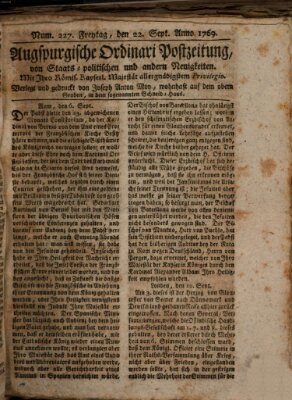 Augsburgische Ordinari Postzeitung von Staats-, gelehrten, historisch- u. ökonomischen Neuigkeiten (Augsburger Postzeitung) Freitag 22. September 1769
