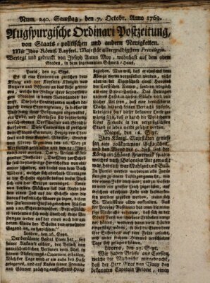 Augsburgische Ordinari Postzeitung von Staats-, gelehrten, historisch- u. ökonomischen Neuigkeiten (Augsburger Postzeitung) Samstag 7. Oktober 1769