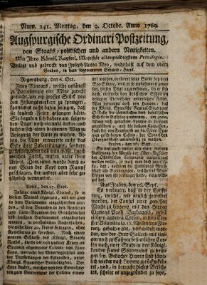 Augsburgische Ordinari Postzeitung von Staats-, gelehrten, historisch- u. ökonomischen Neuigkeiten (Augsburger Postzeitung) Montag 9. Oktober 1769