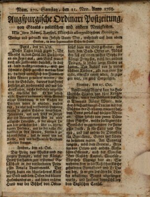 Augsburgische Ordinari Postzeitung von Staats-, gelehrten, historisch- u. ökonomischen Neuigkeiten (Augsburger Postzeitung) Samstag 11. November 1769