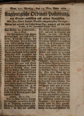 Augsburgische Ordinari Postzeitung von Staats-, gelehrten, historisch- u. ökonomischen Neuigkeiten (Augsburger Postzeitung) Montag 13. November 1769