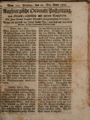 Augsburgische Ordinari Postzeitung von Staats-, gelehrten, historisch- u. ökonomischen Neuigkeiten (Augsburger Postzeitung) Freitag 22. Dezember 1769