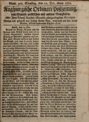 Augsburgische Ordinari Postzeitung von Staats-, gelehrten, historisch- u. ökonomischen Neuigkeiten (Augsburger Postzeitung) Samstag 22. Dezember 1770