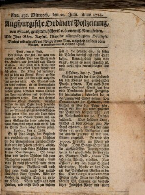 Augsburgische Ordinari Postzeitung von Staats-, gelehrten, historisch- u. ökonomischen Neuigkeiten (Augsburger Postzeitung) Mittwoch 20. Juli 1774