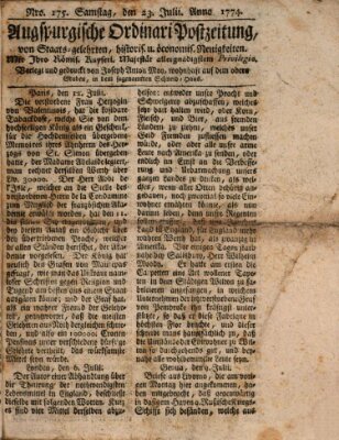 Augsburgische Ordinari Postzeitung von Staats-, gelehrten, historisch- u. ökonomischen Neuigkeiten (Augsburger Postzeitung) Samstag 23. Juli 1774