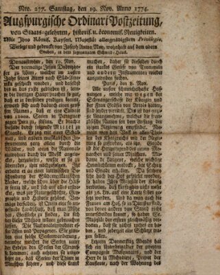 Augsburgische Ordinari Postzeitung von Staats-, gelehrten, historisch- u. ökonomischen Neuigkeiten (Augsburger Postzeitung) Samstag 19. November 1774