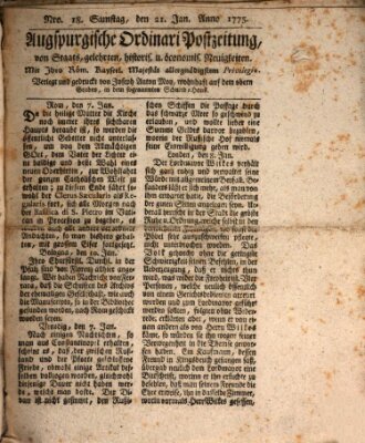 Augsburgische Ordinari Postzeitung von Staats-, gelehrten, historisch- u. ökonomischen Neuigkeiten (Augsburger Postzeitung) Samstag 21. Januar 1775