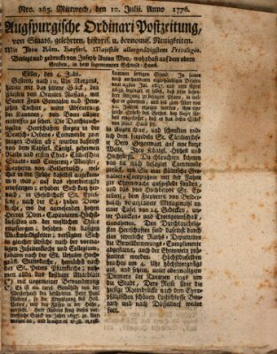 Augsburgische Ordinari Postzeitung von Staats-, gelehrten, historisch- u. ökonomischen Neuigkeiten (Augsburger Postzeitung) Mittwoch 10. Juli 1776