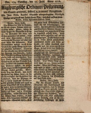 Augsburgische Ordinari Postzeitung von Staats-, gelehrten, historisch- u. ökonomischen Neuigkeiten (Augsburger Postzeitung) Samstag 20. Juli 1776