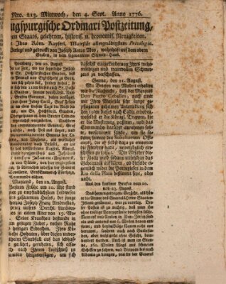 Augsburgische Ordinari Postzeitung von Staats-, gelehrten, historisch- u. ökonomischen Neuigkeiten (Augsburger Postzeitung) Mittwoch 4. September 1776