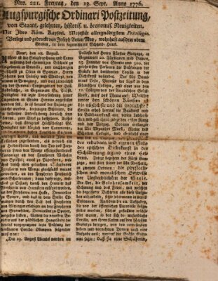Augsburgische Ordinari Postzeitung von Staats-, gelehrten, historisch- u. ökonomischen Neuigkeiten (Augsburger Postzeitung) Freitag 13. September 1776