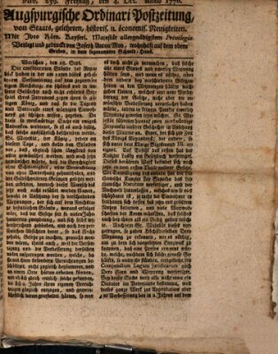 Augsburgische Ordinari Postzeitung von Staats-, gelehrten, historisch- u. ökonomischen Neuigkeiten (Augsburger Postzeitung) Freitag 4. Oktober 1776