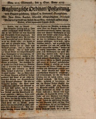 Augsburgische Ordinari Postzeitung von Staats-, gelehrten, historisch- u. ökonomischen Neuigkeiten (Augsburger Postzeitung) Mittwoch 3. September 1777