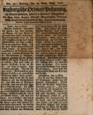 Augsburgische Ordinari Postzeitung von Staats-, gelehrten, historisch- u. ökonomischen Neuigkeiten (Augsburger Postzeitung) Freitag 26. September 1777