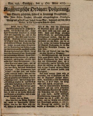 Augsburgische Ordinari Postzeitung von Staats-, gelehrten, historisch- u. ökonomischen Neuigkeiten (Augsburger Postzeitung) Samstag 4. Oktober 1777