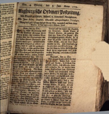 Augsburgische Ordinari Postzeitung von Staats-, gelehrten, historisch- u. ökonomischen Neuigkeiten (Augsburger Postzeitung) Montag 5. Januar 1778