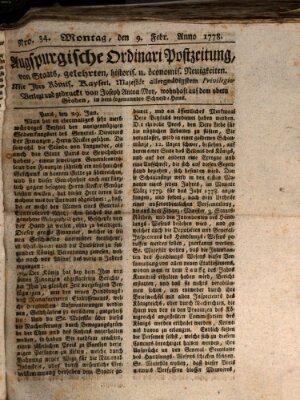 Augsburgische Ordinari Postzeitung von Staats-, gelehrten, historisch- u. ökonomischen Neuigkeiten (Augsburger Postzeitung) Montag 9. Februar 1778