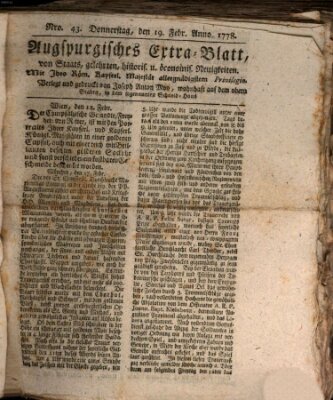 Augsburgische Ordinari Postzeitung von Staats-, gelehrten, historisch- u. ökonomischen Neuigkeiten (Augsburger Postzeitung) Donnerstag 19. Februar 1778