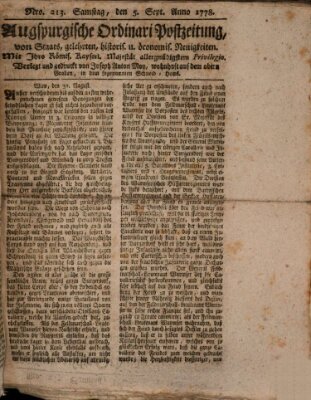 Augsburgische Ordinari Postzeitung von Staats-, gelehrten, historisch- u. ökonomischen Neuigkeiten (Augsburger Postzeitung) Samstag 5. September 1778