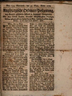 Augsburgische Ordinari Postzeitung von Staats-, gelehrten, historisch- u. ökonomischen Neuigkeiten (Augsburger Postzeitung) Mittwoch 30. September 1778