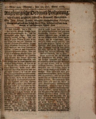 Augsburgische Ordinari Postzeitung von Staats-, gelehrten, historisch- u. ökonomischen Neuigkeiten (Augsburger Postzeitung) Montag 12. Oktober 1778