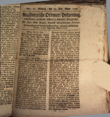 Augsburgische Ordinari Postzeitung von Staats-, gelehrten, historisch- u. ökonomischen Neuigkeiten (Augsburger Postzeitung) Montag 25. Januar 1779