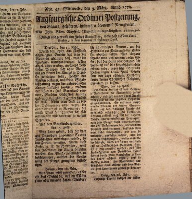 Augsburgische Ordinari Postzeitung von Staats-, gelehrten, historisch- u. ökonomischen Neuigkeiten (Augsburger Postzeitung) Mittwoch 3. März 1779