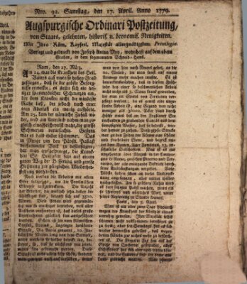 Augsburgische Ordinari Postzeitung von Staats-, gelehrten, historisch- u. ökonomischen Neuigkeiten (Augsburger Postzeitung) Samstag 17. April 1779