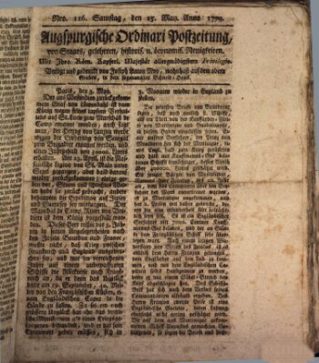 Augsburgische Ordinari Postzeitung von Staats-, gelehrten, historisch- u. ökonomischen Neuigkeiten (Augsburger Postzeitung) Samstag 15. Mai 1779