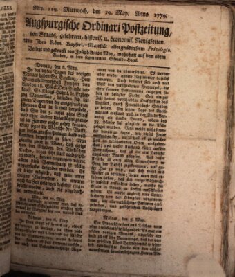Augsburgische Ordinari Postzeitung von Staats-, gelehrten, historisch- u. ökonomischen Neuigkeiten (Augsburger Postzeitung) Mittwoch 19. Mai 1779
