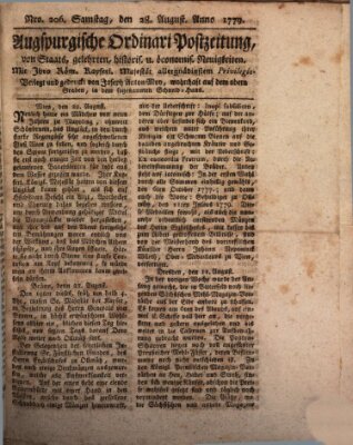 Augsburgische Ordinari Postzeitung von Staats-, gelehrten, historisch- u. ökonomischen Neuigkeiten (Augsburger Postzeitung) Samstag 28. August 1779