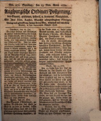 Augsburgische Ordinari Postzeitung von Staats-, gelehrten, historisch- u. ökonomischen Neuigkeiten (Augsburger Postzeitung) Samstag 13. November 1779