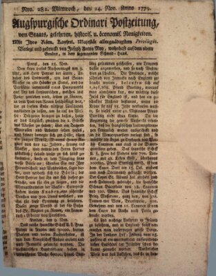 Augsburgische Ordinari Postzeitung von Staats-, gelehrten, historisch- u. ökonomischen Neuigkeiten (Augsburger Postzeitung) Mittwoch 24. November 1779