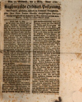 Augsburgische Ordinari Postzeitung von Staats-, gelehrten, historisch- u. ökonomischen Neuigkeiten (Augsburger Postzeitung) Mittwoch 1. März 1780