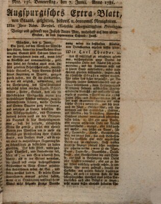 Augsburgische Ordinari Postzeitung von Staats-, gelehrten, historisch- u. ökonomischen Neuigkeiten (Augsburger Postzeitung) Donnerstag 7. Juni 1781
