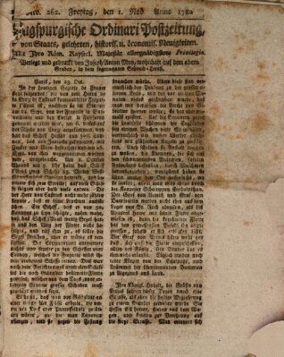 Augsburgische Ordinari Postzeitung von Staats-, gelehrten, historisch- u. ökonomischen Neuigkeiten (Augsburger Postzeitung) Freitag 1. November 1782