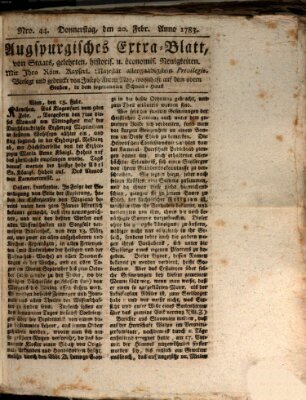 Augsburgische Ordinari Postzeitung von Staats-, gelehrten, historisch- u. ökonomischen Neuigkeiten (Augsburger Postzeitung) Donnerstag 20. Februar 1783