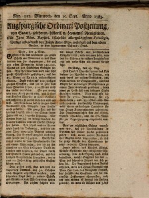 Augsburgische Ordinari Postzeitung von Staats-, gelehrten, historisch- u. ökonomischen Neuigkeiten (Augsburger Postzeitung) Mittwoch 10. September 1783