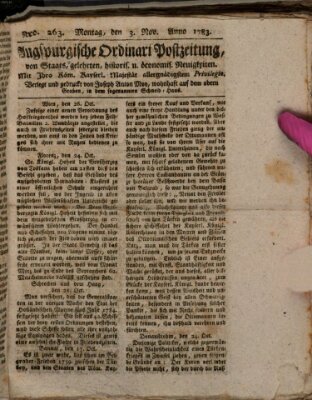 Augsburgische Ordinari Postzeitung von Staats-, gelehrten, historisch- u. ökonomischen Neuigkeiten (Augsburger Postzeitung) Montag 3. November 1783