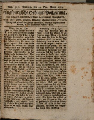 Augsburgische Ordinari Postzeitung von Staats-, gelehrten, historisch- u. ökonomischen Neuigkeiten (Augsburger Postzeitung) Montag 22. Dezember 1783