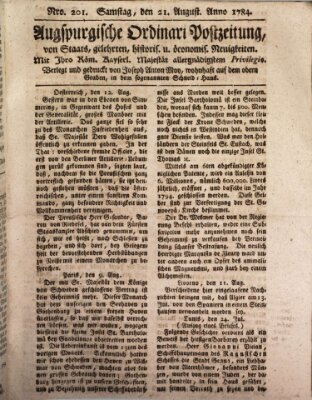 Augsburgische Ordinari Postzeitung von Staats-, gelehrten, historisch- u. ökonomischen Neuigkeiten (Augsburger Postzeitung) Samstag 21. August 1784