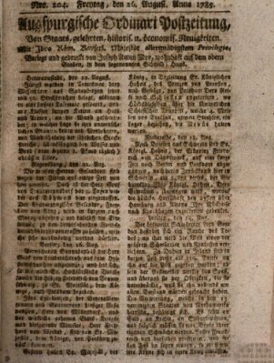 Augsburgische Ordinari Postzeitung von Staats-, gelehrten, historisch- u. ökonomischen Neuigkeiten (Augsburger Postzeitung) Freitag 26. August 1785