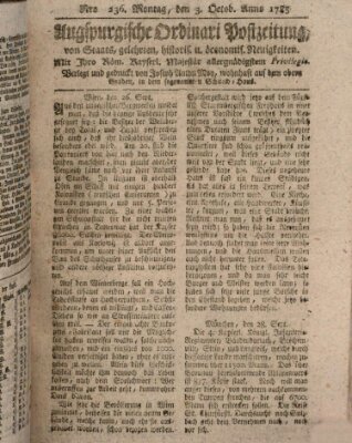 Augsburgische Ordinari Postzeitung von Staats-, gelehrten, historisch- u. ökonomischen Neuigkeiten (Augsburger Postzeitung) Montag 3. Oktober 1785