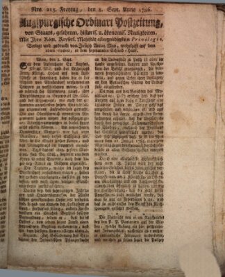 Augsburgische Ordinari Postzeitung von Staats-, gelehrten, historisch- u. ökonomischen Neuigkeiten (Augsburger Postzeitung) Freitag 8. September 1786