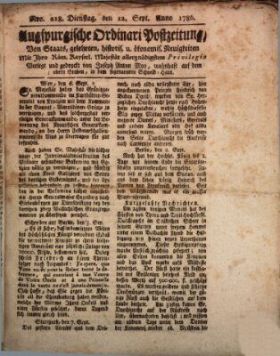 Augsburgische Ordinari Postzeitung von Staats-, gelehrten, historisch- u. ökonomischen Neuigkeiten (Augsburger Postzeitung) Dienstag 12. September 1786
