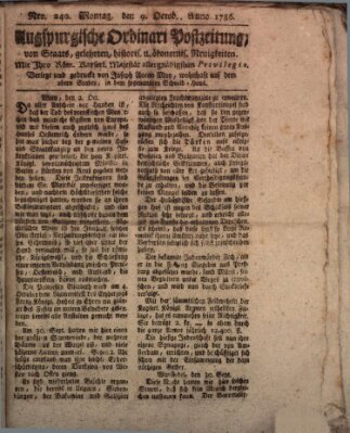 Augsburgische Ordinari Postzeitung von Staats-, gelehrten, historisch- u. ökonomischen Neuigkeiten (Augsburger Postzeitung) Montag 9. Oktober 1786